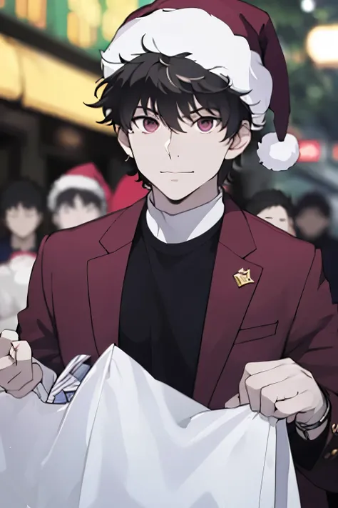 Neutral. Scarlett's face. guy. 24 years old. young man. Dong Wook's body. Dong Wook's face shape. white shirt. burgundy suit. Santa's hat. Santa's gift bag. A gift bag full of gifts. Carrying it back. black t-shirt with red suit