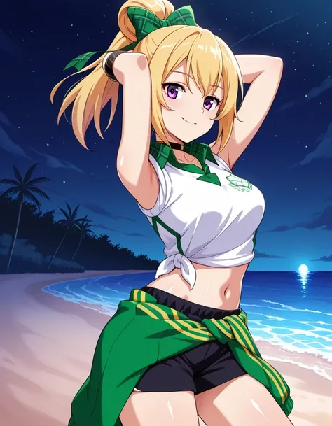 chloefesPCR, long hair, blonde hair, navel, bare shoulders, purple eyes, collarbone, jacket, white shirt, ponytail, hair bow, sleeveless, pointy ears, midriff, collared shirt, plaid, short shorts, sleeveless shirt, black choker, black shorts, high ponytail...
