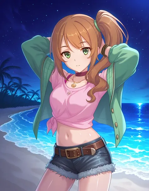 chloerealPCR, long hair, brown hair, long sleeves, navel, jewelry, green eyes, collarbone, open clothes, choker, midriff, necklace, off shoulder, side ponytail, open jacket, crop top, short shorts, denim shorts, pink shirt, green jacket, brown belt, tied s...