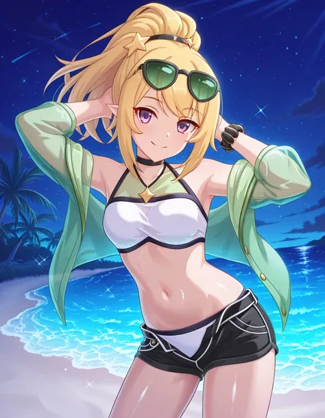 chloewinterPCR, long hair,blonde hair, hair ornament, navel, bare shoulders, purple eyes, jacket, swimsuit, ponytail, sidelocks, bikini, thighs, open clothes, pointy ears, midriff, off shoulder, stomach, open jacket, short shorts, halterneck, black choker,...