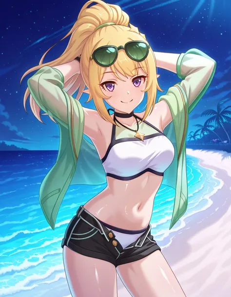 chloewinterPCR, long hair,blonde hair, hair ornament, navel, bare shoulders, purple eyes, jacket, swimsuit, ponytail, sidelocks, bikini, thighs, open clothes, pointy ears, midriff, off shoulder, stomach, open jacket, short shorts, halterneck, black choker,...