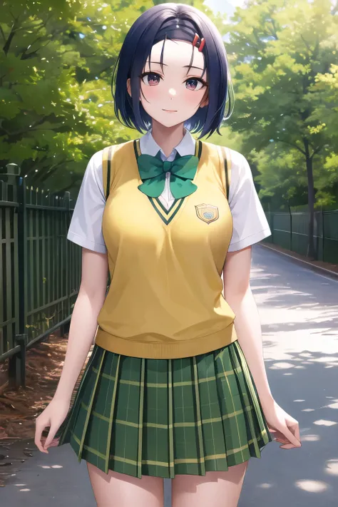 masterpiece, best quality, highres, aaharuna, short hair, hairclip, forehead, school uniform, green bowtie, white shirt, sweater vest, yellow vest, short sleeves, plaid skirt, green skirt, pleated skirt, standing, cowboy shot, outdoors,