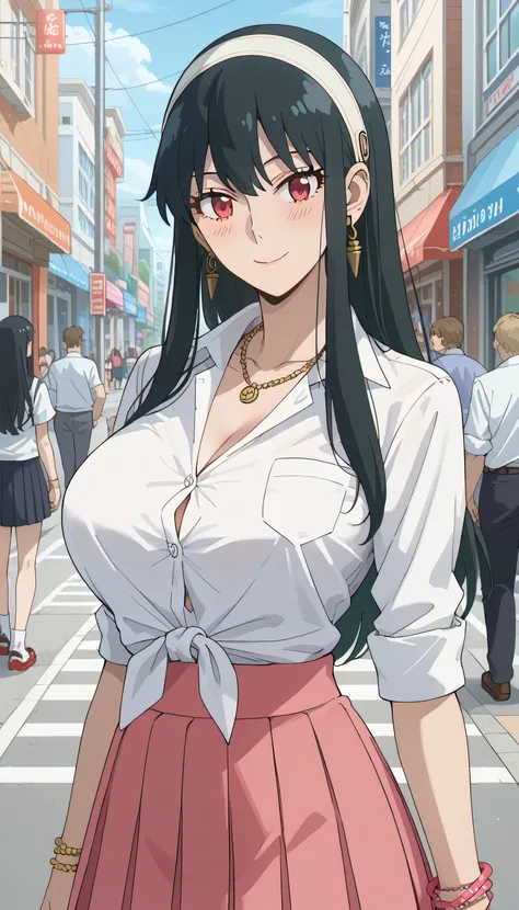 SimplePositiveXLv2, yor briar, black hair, red eyes, earrings, white hairband, hairband, long hair, sidelocks, sidelocks, score_9, score_8_up, score_7_up, source_anime, masterpiece,best quality, huge breasts, collared shirt, tied shirt, pleated skirt, flas...