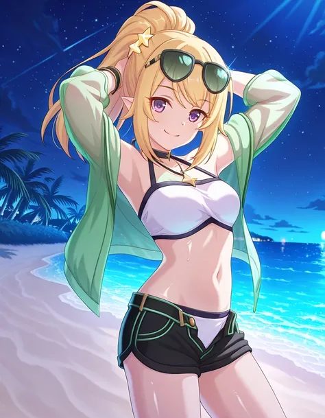 chloewinterPCR, long hair,blonde hair, hair ornament, navel, bare shoulders, purple eyes, jacket, swimsuit, ponytail, sidelocks, bikini, thighs, open clothes, pointy ears, midriff, off shoulder, stomach, open jacket, short shorts, halterneck, black choker,...