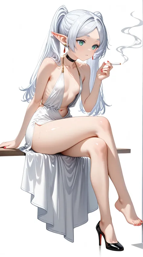 masterpiece,best quality,newest,highres,absurdres,very awa,shiny skin,(artist:loika:0.5),(artist:xiaoshou xiansheng:0.8),artist:rin31153336,artist:gawako,(sweat),1girl, Frieren,solo,flat chest, long hair, simple background, white background, dress, twintai...