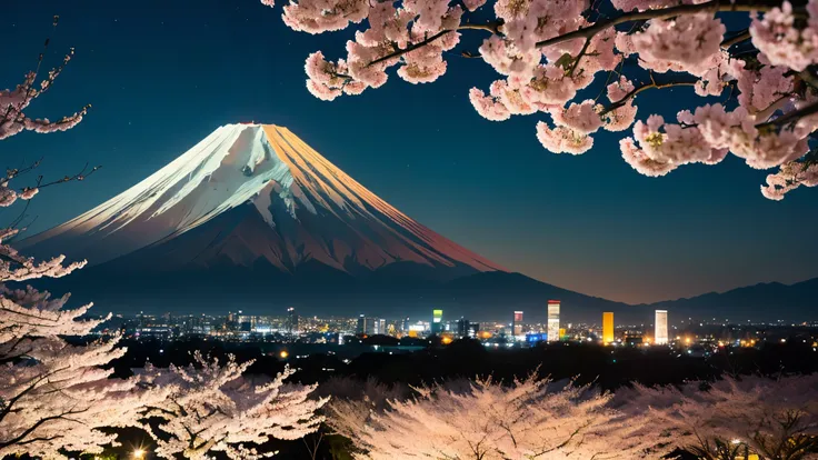 The scenery of cherry blossoms at night and Mt. Fuji is created in the style of Ukiyo-e