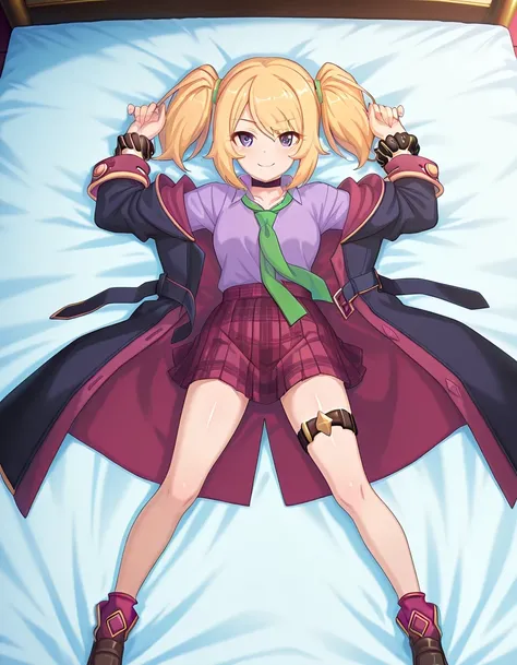 chloePCR, blonde hair, shirt, long sleeves,twintails, purple eyes, sidelocks, pleated skirt, open clothes, pointy ears, collared shirt, miniskirt, off shoulder, thigh strap, red skirt, black choker, plaid skirt, purple shirt,black coat, wrist scrunchie, gr...