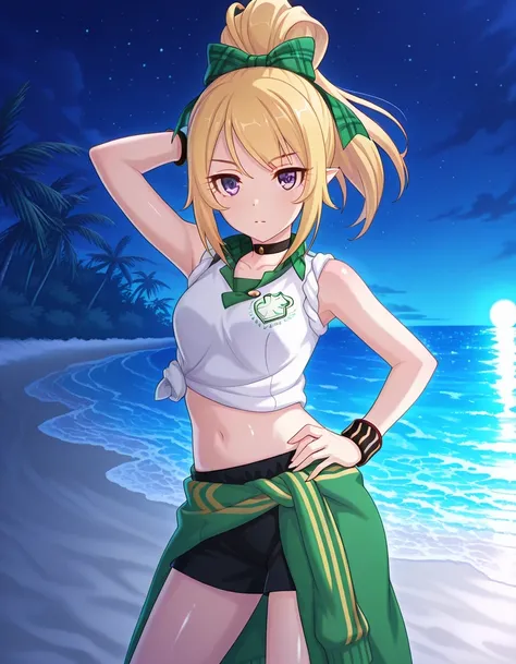chloefesPCR, long hair, blonde hair, navel, bare shoulders, purple eyes, collarbone, jacket, white shirt, ponytail, hair bow, sleeveless, pointy ears, midriff, collared shirt, plaid, short shorts, sleeveless shirt, black choker, black shorts, high ponytail...