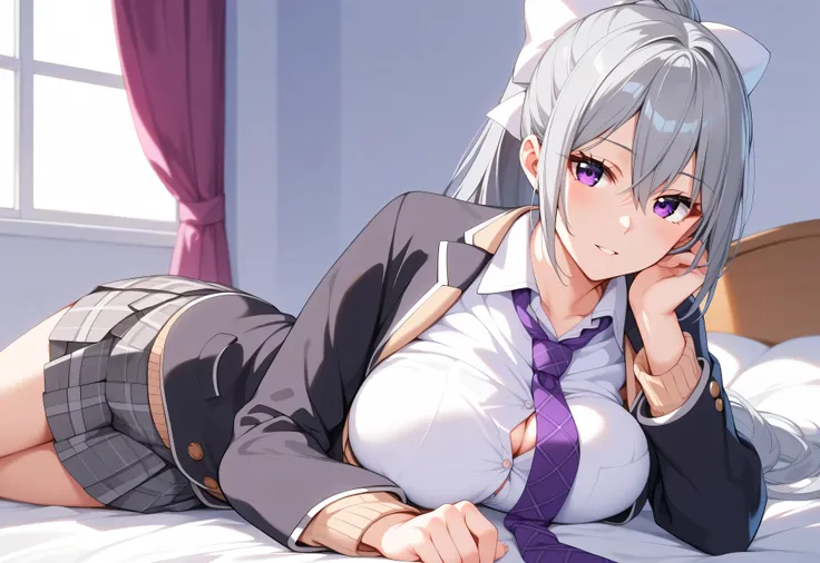 1woman,best quality,ultra-detailed,high resolution,extremely detailed CG,unity 8k wallpaper,score_9, score_8_up, score_7_up, source_anime,hk1, purple eyes, grey hair, hair between eyes, long hair, ponytail, bow, white bow、 shirt, white shirt, necktie, purp...