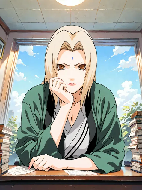 1girl, solo, tsunade, beautiful woman, mature woman, green haori, brown eyes, highly detailed eyes, expressive eyes, natural eye shape, iris with visible details, anatomically correct, super detailed, high details, intricate details, accurate, dynamic angl...