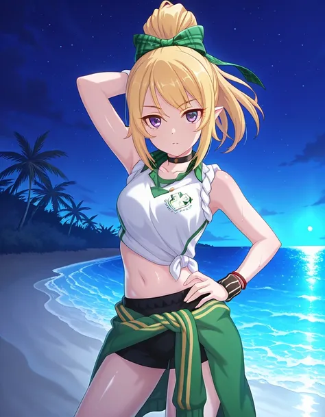 chloefesPCR, long hair, blonde hair, navel, bare shoulders, purple eyes, collarbone, jacket, white shirt, ponytail, hair bow, sleeveless, pointy ears, midriff, collared shirt, plaid, short shorts, sleeveless shirt, black choker, black shorts, high ponytail...