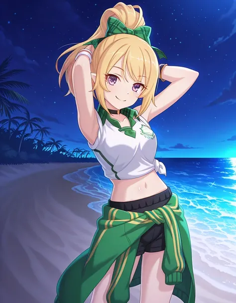 chloefesPCR, long hair, blonde hair, navel, bare shoulders, purple eyes, collarbone, jacket, white shirt, ponytail, hair bow, sleeveless, pointy ears, midriff, collared shirt, plaid, short shorts, sleeveless shirt, black choker, black shorts, high ponytail...