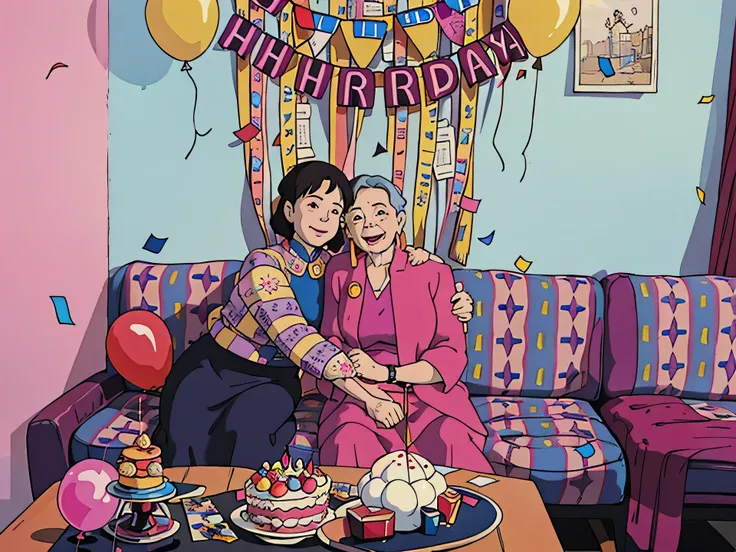 there are two women sitting on a couch with balloons and confetti, happy birthday, celebrating a birthday, profile image, profile pic, exclusive, profile picture, photo taken in 2 0 2 0, 70 years old, 7 0 years old, a still of a happy, birthday, birthday p...