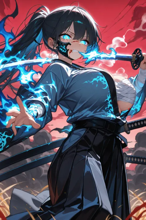 (masterpiece, Best Quality: 1.2), Ultra Detailed, HDR-10, (Soft Colors), (beautiful eyes, detailed eyes:1.2),1girl, black hair, long hair, (((Aquamarine eyes))), big breasts, ponytail hair, Gritting his teeth, Wounds, Blue kimono, long black skirt, Ripped ...