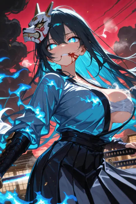 (masterpiece, Best Quality: 1.2), Ultra Detailed, HDR-10, (Soft Colors), (beautiful eyes, detailed eyes:1.2),1girl, black hair, long hair, (((Aquamarine eyes))), big breasts, Loose hair, Gritting his teeth, Wounds, Blue kimono, long black skirt, Ripped kim...