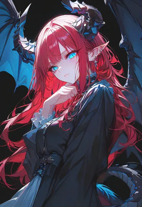 solo,dungeon Girl,midnight,Negative,red hair,Blue pupil,long hair, black background,black dragon wings, pointy ears,black dragon tails,black horn,
