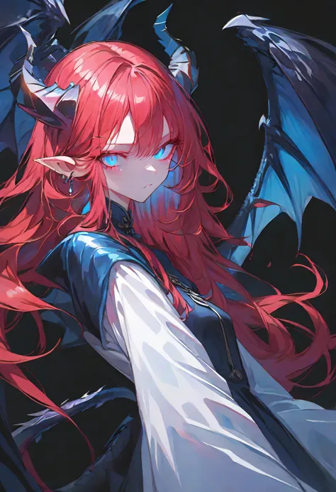 solo,dungeon Girl,midnight,Negative,red hair,Blue pupil,long hair, black background,black dragon wings, pointy ears,black dragon tails,black horn,