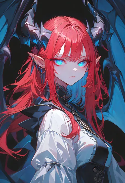 dungeon Girl,midnight,Negative,red hair,Blue pupil,long hair, black background,dragon wings, pointy ears,dragon tails,dragon horns,