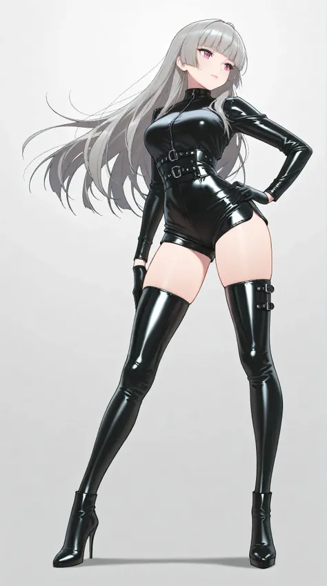 masterpiece, best quality, amazing quality, hyper-detailed, newest, 1girl, full body, grey hair, blunt bangs, long hair, sharp eyes, latex outfit, dark silver, futuristic, metallic details, sleek silhouette, elegant, confident pose, standing tall with one ...