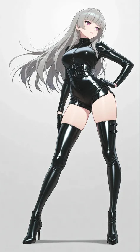 masterpiece, best quality, amazing quality, hyper-detailed, newest, 1girl, full body, grey hair, blunt bangs, long hair, sharp eyes, latex outfit, dark silver, futuristic, metallic details, sleek silhouette, elegant, confident pose, standing tall with one ...