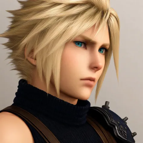 (masterpiece), (best quality), absurdres, highres, realistic,looking at viewer,1boy, solo, male focus , , ,cloud strife,blonde hair,blue eyes,short hair,spiky hair,looking at viewer, closed mouth,upper_body , sleeveless, armor, lips, turtleneck, suspenders...