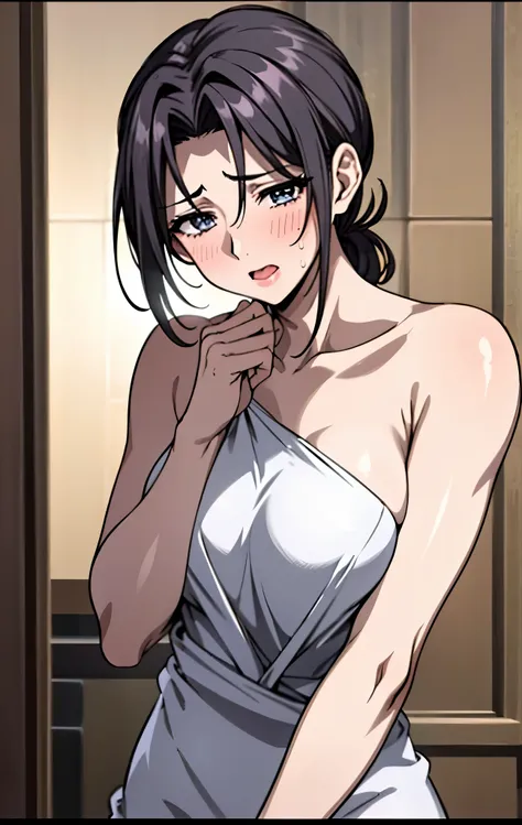 40age、Mature Woman、black hair、ponytail、I'm wrapping a bath towel around my bare skin、I'm wrapping a bath towel around my bare skin、I'm sweaty all over my face、front view、sexy look、fascinated eyes、unfocused eyes。peel off the whites of the eyes、watery eyes、f...