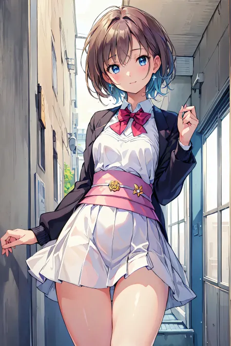 brown hair, shortcuts ,dark-skinned baby, slender beauty ,hole々 Positive Attitudes ,small breasts in Mbini,Beautiful Legs, her enchanting gray-blue eyes are shining like stars..,(masterpiece:2.0), (Top Quality:2.0), ( sidemap:1.5), ( sexy pose with one hai...
