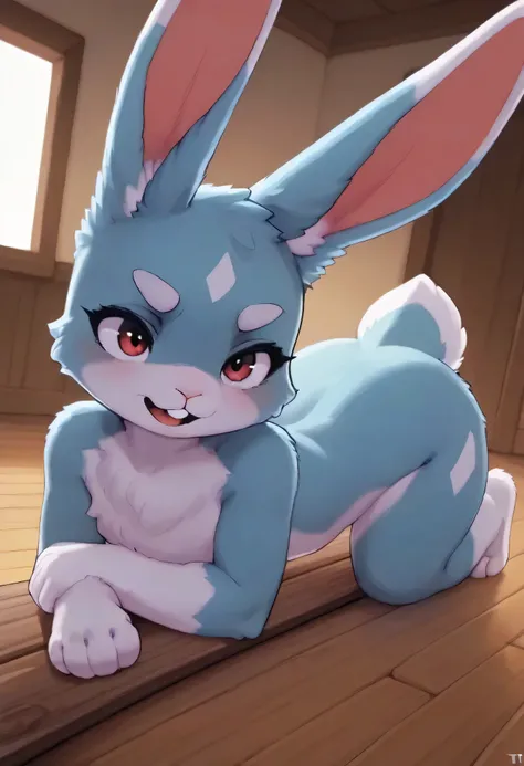 [KuroRabbi🐰] [Model Draft Test*] - masterpiece quality, masterful, mythical, beautiful, Stunning, Captivating, Enchanting, Mesmerizing, Intriguing, room, wooden plank_floor, indoor, solo, (KuroRabbi, rabbit, anthro, DTkr, furs, buckteeth, slender, blue fur...