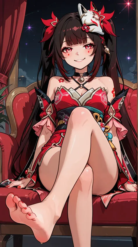 Sparkle di star rail, Show off her sexy little foot, Beautiful long legs crossed, very detailed toes, red nail polish, smug expression, Perfect head, outfit Sparkle, Perfect red eyes,