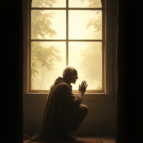 create an image of a praying  looking at a window with rays of light