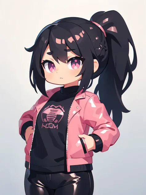 (best quality, ((masterpiece)), Detailed Eyes, 8K resolution,detailed clothes),1 woman,black hairs,((long ponytail))(salmon pink leather jacket, black shirts),3d,chibi,gray eyes,black pants,sky