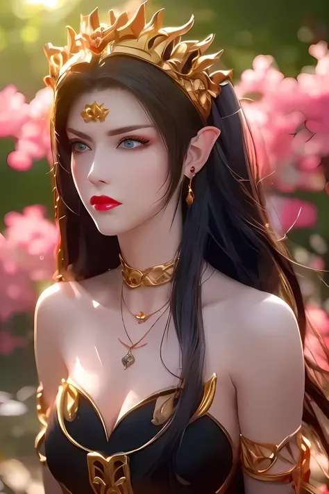 One 20 year old girl, breast 1.1, navel,upper body,bare shoulders,wears red tube top,red skirt, blue gems,shiny skin,hand in own hair,(mature female),milf, beautiful cai lin, deep blue eyes, jet black long hair, face symmetry 8k resolution high quality. ...