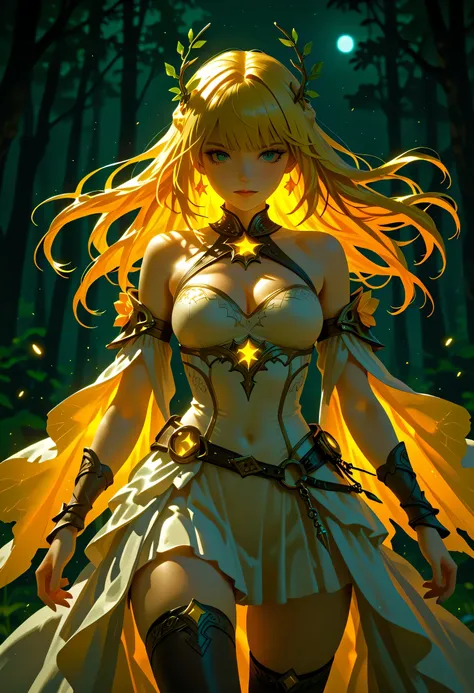 a fantasy beautiful bride walking in a fantasy forest, a beautiful bride best detailed face, dynamic hair color, dynamic hair style, the moon is rising there are star in the sky, romantic atmosphere , cinematic light, High Detail, Ultra High Quality, High ...