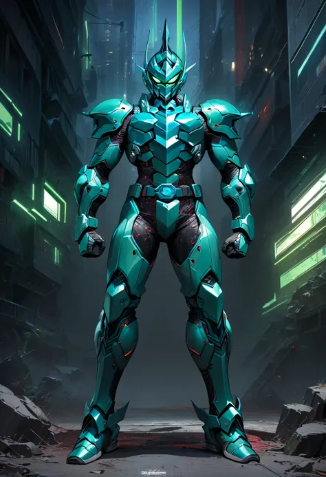 ((High Quality), (My Hero Academia Style), ((looking at viewer)), ((Standing)), ((Full Body Photo:1.5)), ((guyver)), a man wearing a full-face helmet, a fantasy-style biotech armored combat suit, green eyes, (a composite layered chest armor), fully enclose...