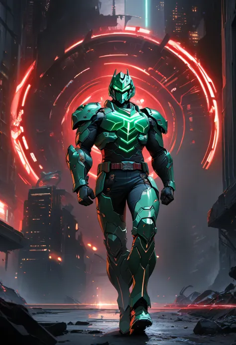 ((High Quality), (My Hero Academia Style), ((looking at viewer)), ((Standing)), ((Full Body Photo:1.5)), a man wearing a full-face helmet, a fantasy-style biotech armored combat suit, green eyes, (a composite layered chest armor), fully enclosed shoulder g...