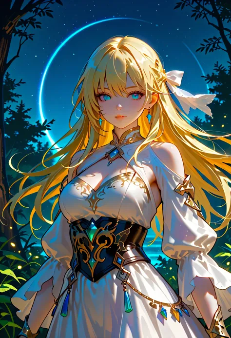 a fantasy beautiful bride walking in a fantasy forest, a beautiful bride best detailed face, dynamic hair color, dynamic hair style, the moon is rising there are star in the sky, romantic atmosphere , cinematic light, High Detail, Ultra High Quality, High ...