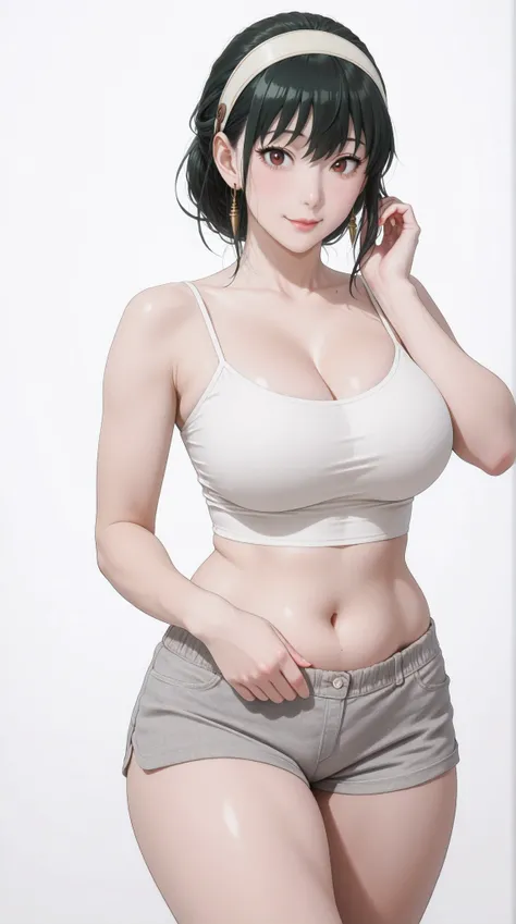 masterpiece, extremely detailed, perfect skin texture, 4k, solo, 1girl, adult,((fullbody)), stand up, yor forger, sexy legs, perfect body, large breasts, white tshirt, grey shorts, housewife, soft light, high detailed, best quality, midriff, navel, navel l...