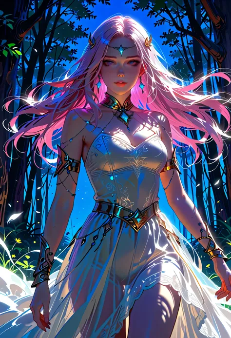 a fantasy beautiful bride walking in a fantasy forest, a beautiful bride best detailed face, dynamic hair color, dynamic hair style, the moon is rising there are star in the sky, romantic atmosphere , cinematic light, High Detail, Ultra High Quality, High ...