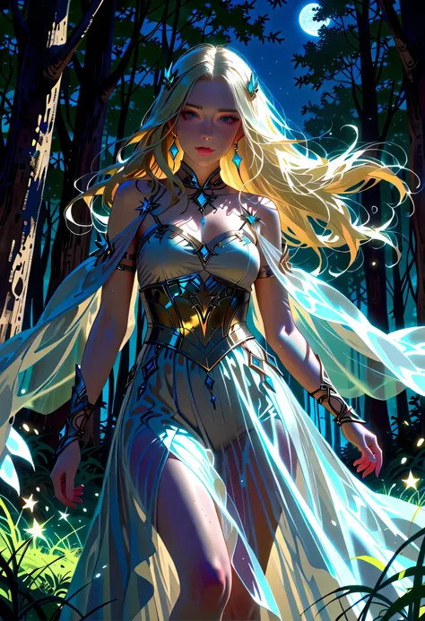 a fantasy beautiful bride walking in a fantasy forest, a beautiful bride best detailed face, dynamic hair color, dynamic hair style, the moon is rising there are star in the sky, romantic atmosphere , cinematic light, High Detail, Ultra High Quality, High ...