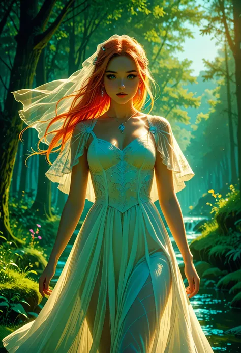 a fantasy beautiful bride walking in a fantasy forest, a beautiful bride best detailed face, dynamic hair color, dynamic hair style, the moon is rising there are star in the sky, romantic atmosphere , cinematic light, High Detail, Ultra High Quality, High ...