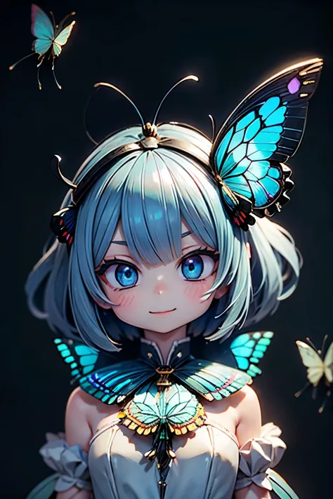 solo, female 1 person\(cute, cute,small ,Skin color is white,Light Blue Shortcut Hair,(smiling at the flag:1.2),(Big Morpho Butterfly Feather Hair:1.7),hologram colored dress\( beautiful race \),(Hologram Blue Eyes:1.5),(Two butterfly antennae on the hai...