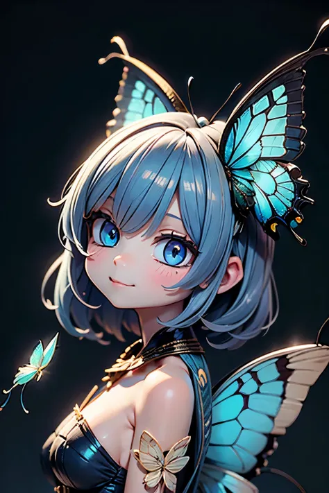 solo, female 1 person\(cute, cute,small ,Skin color is white,Light Blue Shortcut Hair,(smiling at the flag:1.2),(Big Morpho Butterfly Feather Hair:1.7),hologram colored dress\( beautiful race \),(Hologram Blue Eyes:1.5),(Two butterfly antennae on the hai...