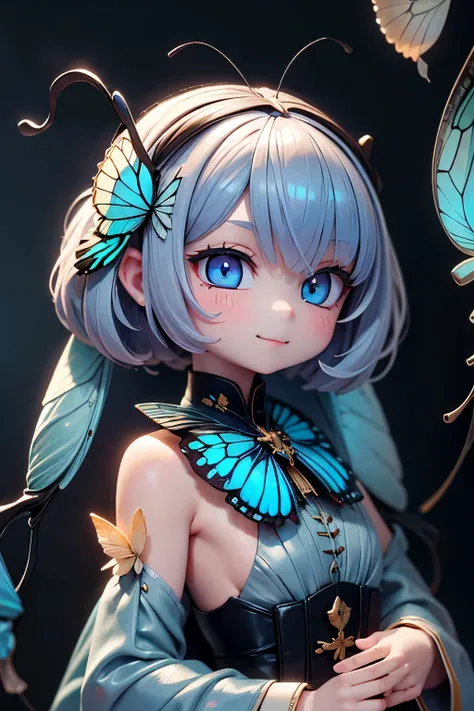 solo, female 1 person\(cute, cute,small ,Skin color is white,Light Blue Shortcut Hair,(smiling at the flag:1.2),(Big Morpho Butterfly Feather Hair:1.7),hologram colored dress\( beautiful race \),(Hologram Blue Eyes:1.5),(Two butterfly antennae on the hai...