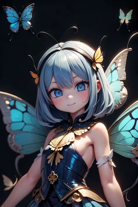 solo, female 1 person\(cute, cute,small ,Skin color is white,Light Blue Shortcut Hair,(smiling at the flag:1.2),(Big Morpho Butterfly Feather Hair:1.7),hologram colored dress\( beautiful race \),(Hologram Blue Eyes:1.5),(Two butterfly antennae on the hai...