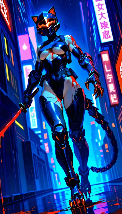 Best quality, masterpiece, (((1girl))), (((solo))), dense cyberpunk city background, dense city street, neon lit street, raining, night time, wet skin, cyberpunk, anime, full-face helmet with cat ears, black helmet, red glowing cat ears, hourglass figure, ...