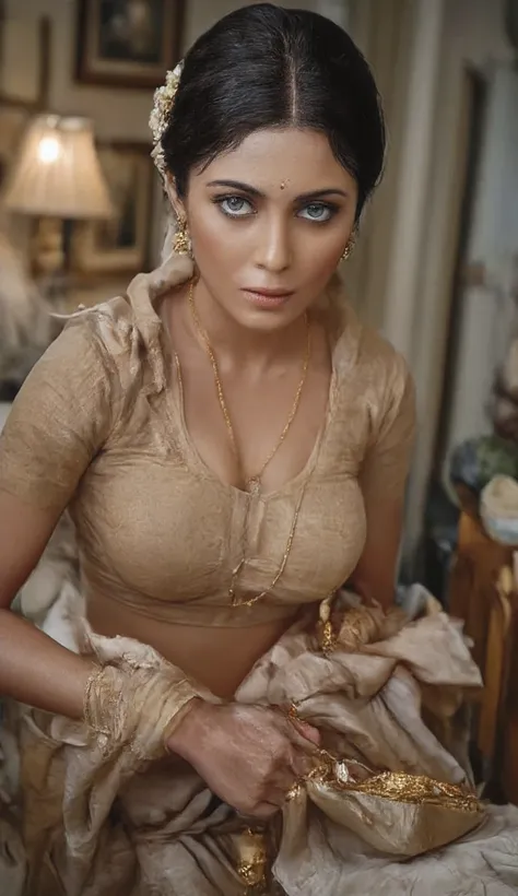 Busty woman,in wine designer saree and wine designer blouse, bending down , picking a object from floor,showing her cleavage , looking at camera ,lusty blue eyes,sexy erotic look face,dark black hair bun,flowers around hair bun,bangles in hand,thick black ...