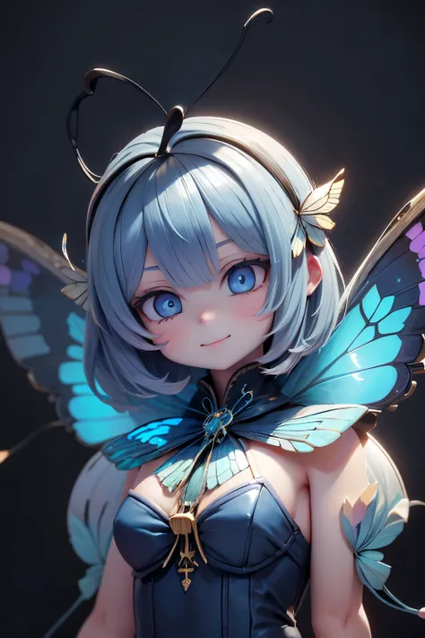 solo, female 1 person\(cute, cute,small ,Skin color is white,Light Blue Shortcut Hair,(smiling at the flag:1.2),(Big Morpho Butterfly Feather Hair:1.7),hologram colored dress\( beautiful race \),(Hologram Blue Eyes:1.5),(Two butterfly antennae on the hai...