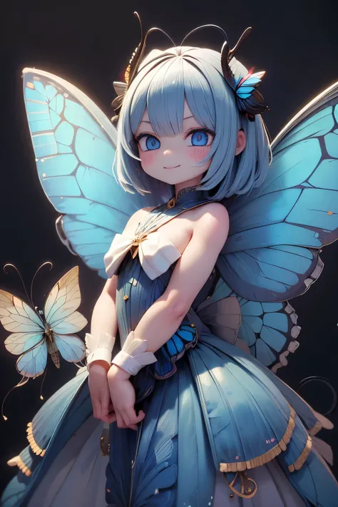 solo, female 1 person\(cute, cute,small ,Skin color is white,Light Blue Shortcut Hair,(smiling at the flag:1.2),(Big Morpho Butterfly Feather Hair:1.7),hologram colored dress\( beautiful race \),(Hologram Blue Eyes:1.5),(Two butterfly antennae on the hai...