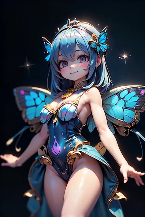 solo,1 Female,cute, cute,small ,Skin color is white,(Poses like a ballerina:1.5),(eyes that shine like jewels shining in cobalt blue:2.5),(Highlights that sparkle in the eyes, reflected light:2.5),(The cobalt blue semi-long:1.2),(smiling:1.2),(has large mo...