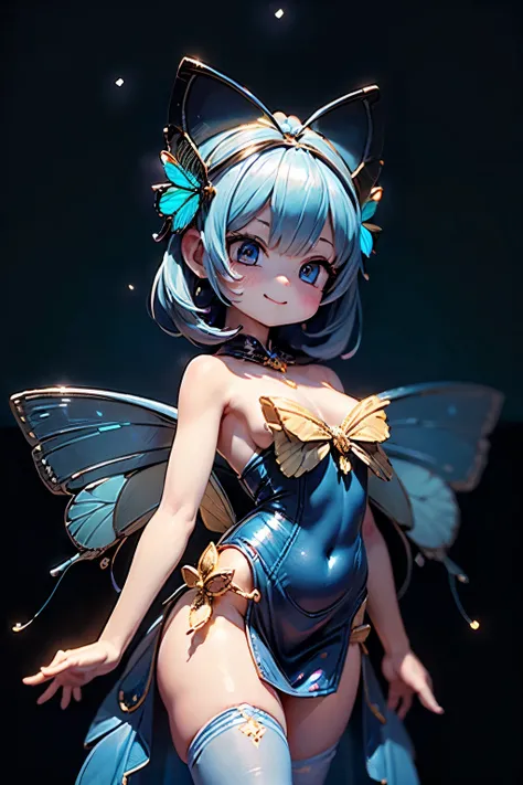 solo,1 Female,cute, cute,small ,Skin color is white,(Poses like a ballerina:1.5),(eyes that shine like jewels shining in cobalt blue:2.5),(Highlights that sparkle in the eyes, reflected light:2.5),(The cobalt blue semi-long:1.2),(smiling:1.2),(has large mo...